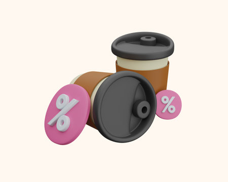 Coffee cup with percent sign, 3d rendering. Computer digital drawing.の写真素材