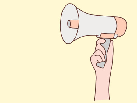 internet advertising. Hand holding a loudspeaker. Influencer marketing, social media or network promotion, hand drawn style vector design illustration.のイラスト素材