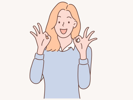 Young woman showing ok sign with her hands. Vector illustration in cartoon style.のイラスト素材