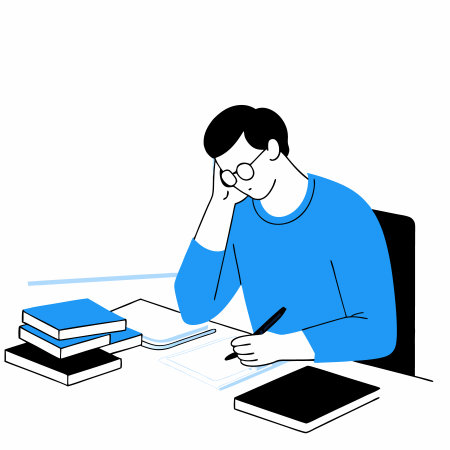 Vector illustration of a man sitting at the table and doing his homeworkのイラスト素材