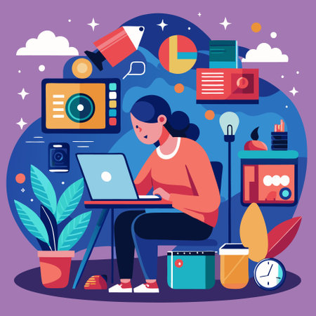 Freelance, remote work concept. Woman working on laptop at home. Vector illustration in flat styleのイラスト素材