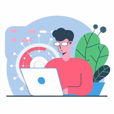Man working on laptop. Freelance, remote work. Vector illustration in flat styleのイラスト素材