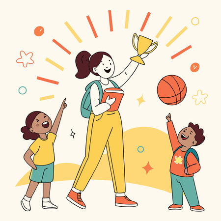 Vector illustration of a happy schoolgirl holding a trophy and a group of childrenのイラスト素材
