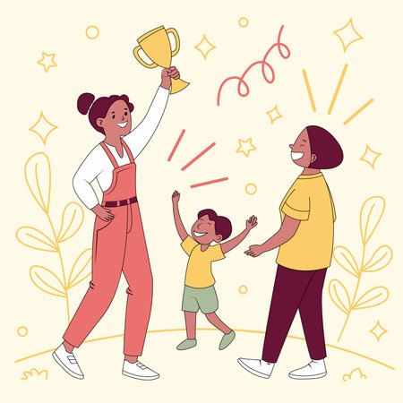 Happy African-American family with a golden trophy. Vector illustration.のイラスト素材