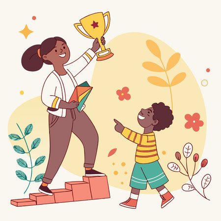 Happy african american schoolgirl and boy with books and trophy, vector illustrationのイラスト素材
