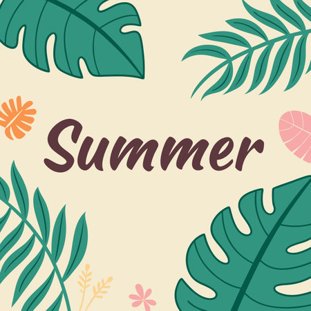 Summer background with tropical leaves. Vector illustration in flat design style.のイラスト素材
