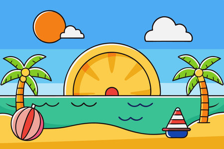 Beach with palm trees and a ball. Vector illustration of a tropical island.のイラスト素材