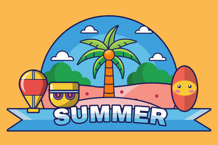 Colorful Summer Cartoon Illustration with Palm Tree, Beach, and Fun Elementsのイラスト素材