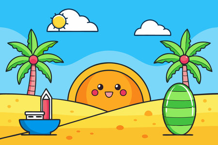 Summer Cartoon Illustration with Cute Sun, Palm Trees, and Beach Sceneのイラスト素材