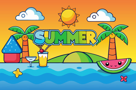 Fun Summer Cartoon Beach Illustration with Palm Trees and Tropical Vibesのイラスト素材
