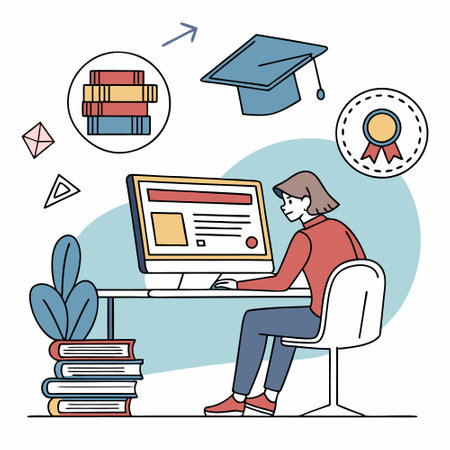 Online education, distance learning, e-learning concept. Man sitting at computer with books and graduation cap. Vector illustration in linear styleのイラスト素材