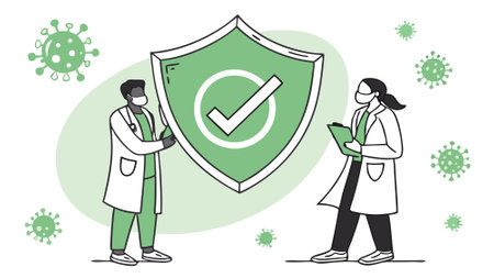 Vector illustration of people in medical uniform with shield and check mark.のイラスト素材