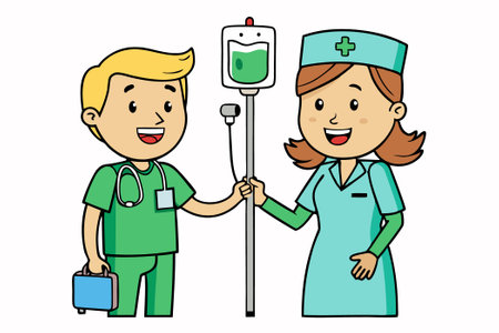 Nurse and Patient with IV bag. Vector illustration in cartoon style.のイラスト素材