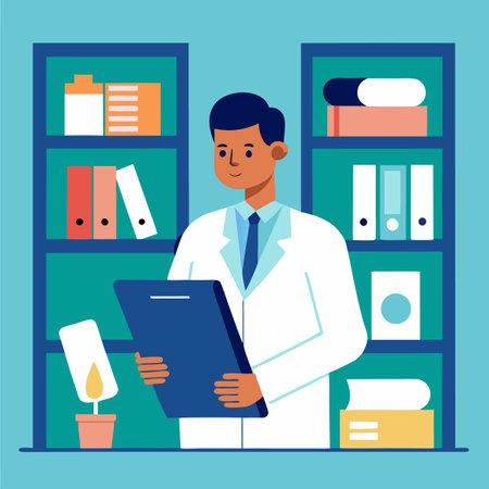 Doctor in the office. Vector illustration in flat style, isolated on blue background.のイラスト素材