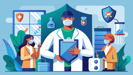 Doctor and nurse in protective medical masks and gloves holding clipboard. Vector illustration in flat styleのイラスト素材