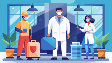 Man and woman in medical masks and gloves. Male and female doctors in white coats and medical masks with luggage. Vector illustrationのイラスト素材
