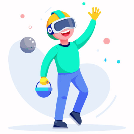 Boy in virtual reality helmet and goggles playing game. Vector illustration.のイラスト素材