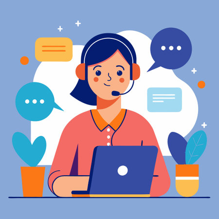 Call center. Woman with headset and laptop. Vector illustration in flat styleのイラスト素材