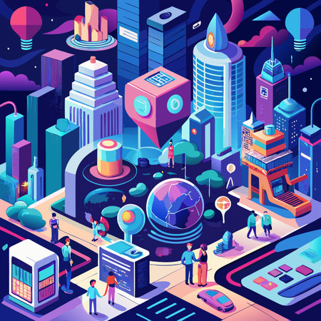 Isometric future city concept with buildings skyscrapers skyscrapers and people vector illustrationのイラスト素材