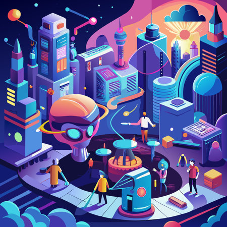 Space city isometric composition with cartoon characters of alien spaceships and people vector illustrationのイラスト素材