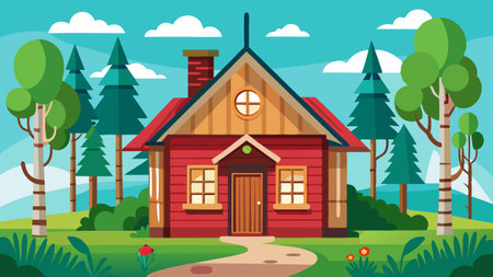 Wooden house in the forest. Cartoon style. Vector illustration.のイラスト素材