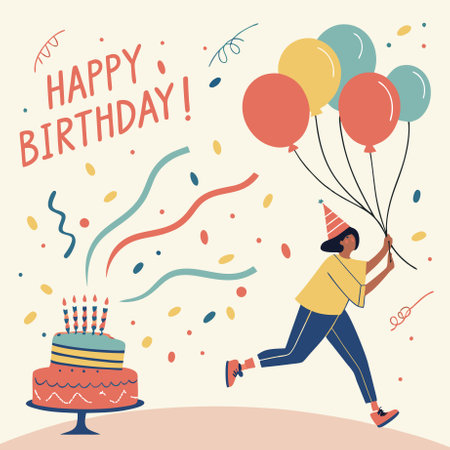 Birthday greeting card with young woman and cake. Vector illustration.のイラスト素材
