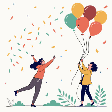 Happy young woman holding colorful balloons and confetti. Flat vector illustration.のイラスト素材