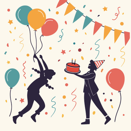 Birthday party with clowns and balloons. Vector illustration in retro style.のイラスト素材