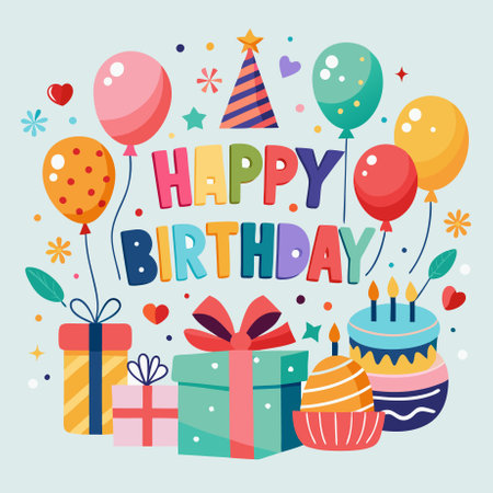 Happy Birthday greeting card with gift box, cake, balloons and cake. Vector illustration.のイラスト素材