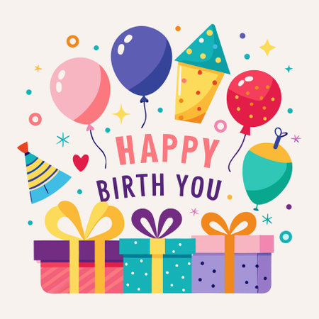 Birthday greeting card with gift boxes and balloons. Vector illustration.のイラスト素材