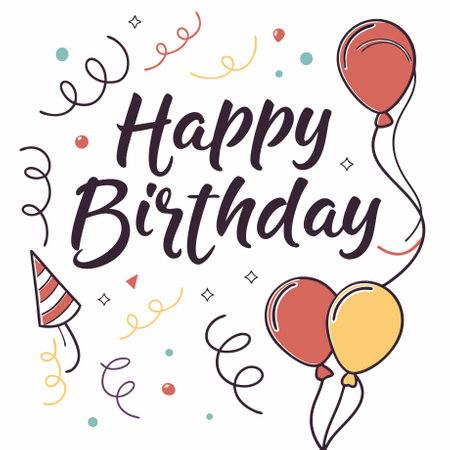 Happy Birthday lettering with balloons and confetti. Vector illustration.のイラスト素材