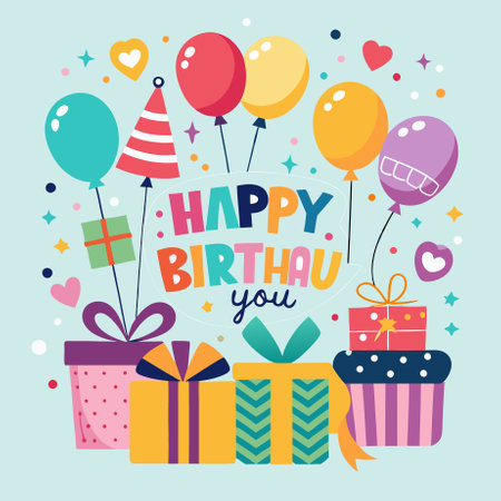 happy birthday card with gift boxes and balloons vector illustration graphic design.のイラスト素材