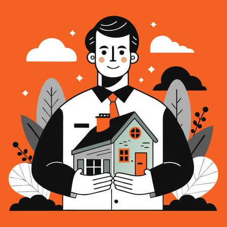 Real estate agent holding a house. Vector illustration in flat style.のイラスト素材
