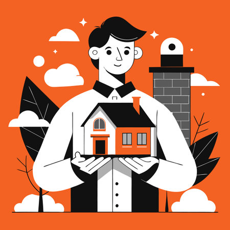Real estate agent. Vector illustration in flat style. Man with house.のイラスト素材