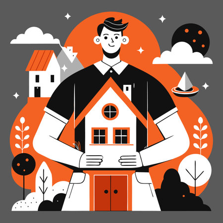Vector illustration of a man standing in front of a house in the countrysideのイラスト素材