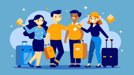 Group of happy people with suitcases. Vector illustration in flat styleのイラスト素材