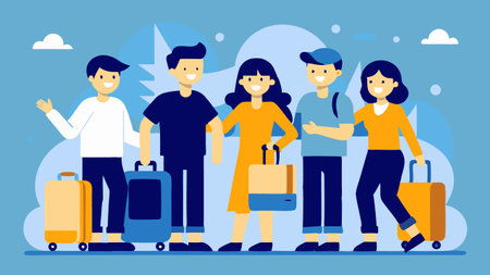 People traveling with suitcases, flat design vector illustration. Group of people walking with luggage on background of world map.のイラスト素材
