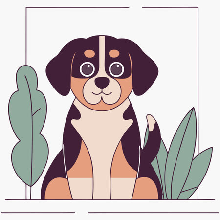 Vector illustration of a cute dog sitting in a frame with leaves.のイラスト素材