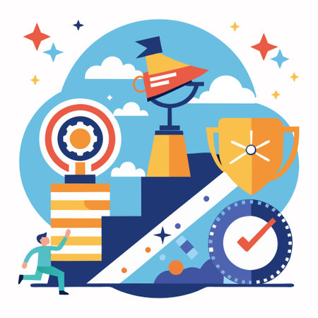 Vector flat design illustration of business success concept. Successful business man climbing stairs with trophy, cup, prize, stopwatch, watch, clock.のイラスト素材