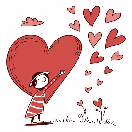 Illustration of a boy holding a big red heart in his handのイラスト素材
