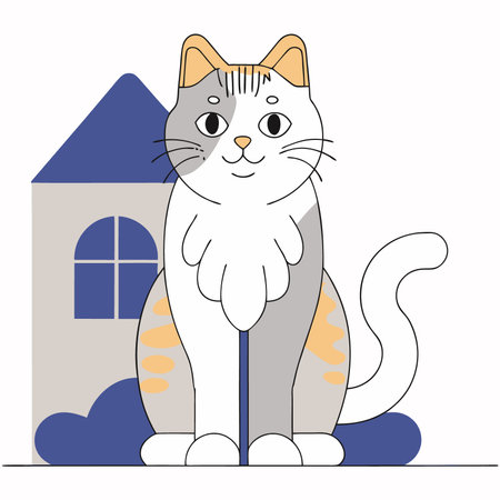 Cute cat on the background of the house. Vector illustration.のイラスト素材