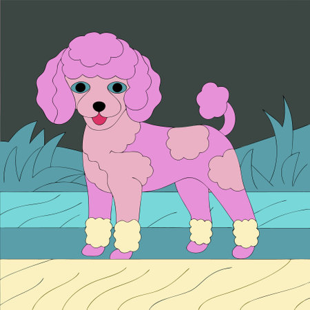 Cute pink poodle standing on the beach. Vector illustration.のイラスト素材