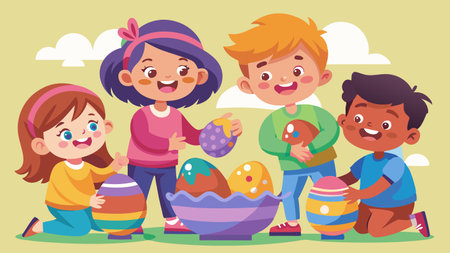 Vector Illustration Of Kids Playing With Colorful Easter Eggs. Cartoon Charactersのイラスト素材
