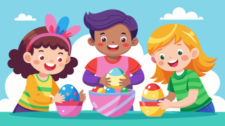 Happy Children Playing with Easter Eggs in Colorful Basket Vector Illustrationのイラスト素材