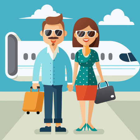 Couple of tourists on the background of an airplane. Vector illustrationのイラスト素材