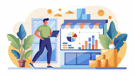 Businessman with laptop in front of a store. Vector flat illustrationのイラスト素材