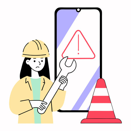 Woman engineer and warning sign on the smartphone screen. Vector illustration.のイラスト素材