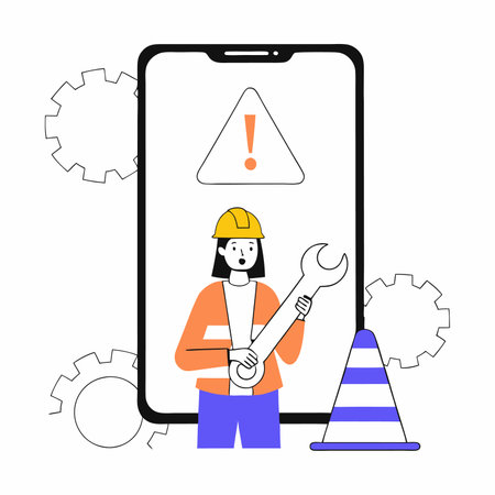 Vector illustration of a woman engineer in a helmet and with a wrench on the smartphone screenのイラスト素材