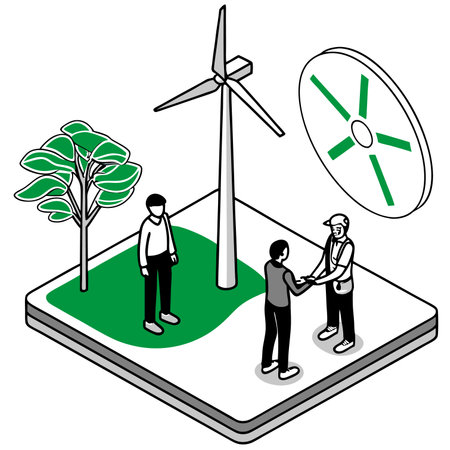 Isometric wind turbine and people. Renewable energy concept. Vector illustration.のイラスト素材