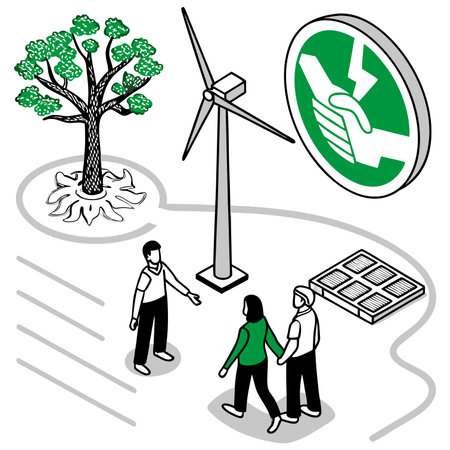 Eco friendly concept with people and wind turbines. Vector illustration.のイラスト素材